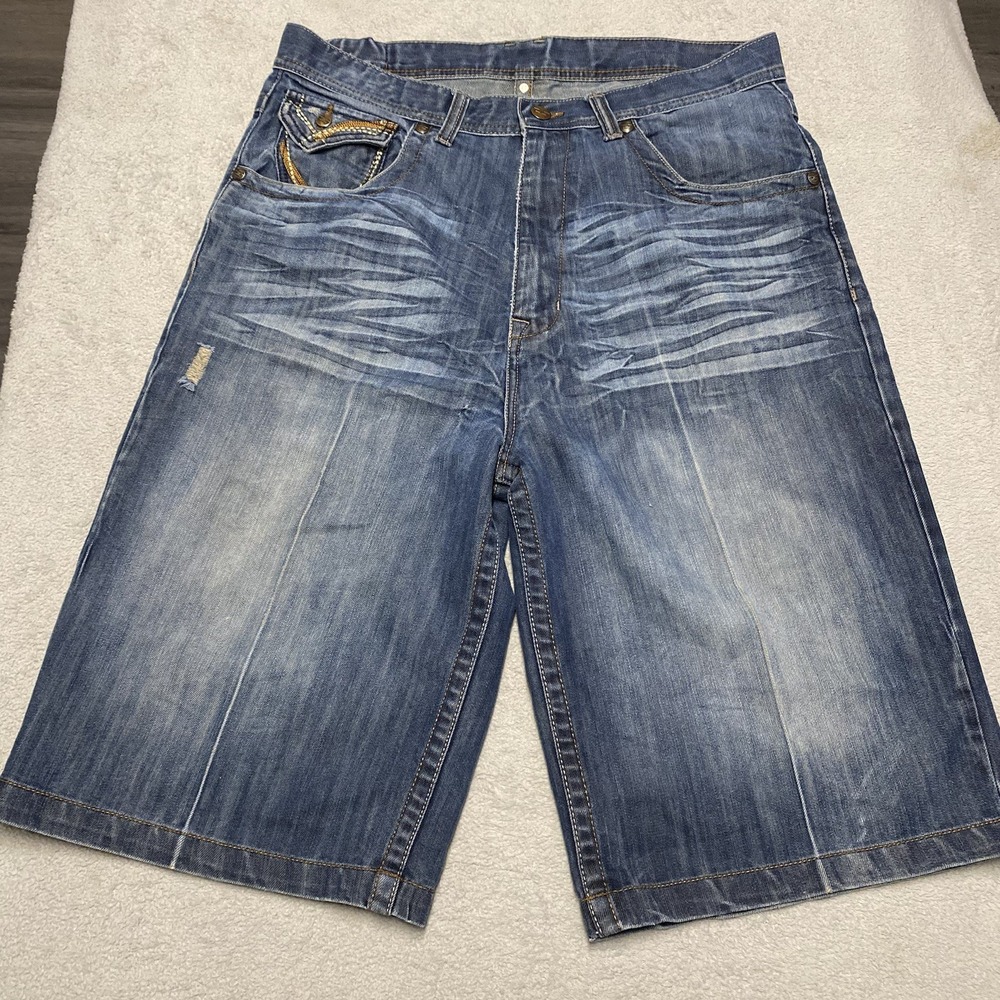 Jordan Craig Denim Shorts Mens 36 Blue Distressed Vintage 13" Inseam Long
